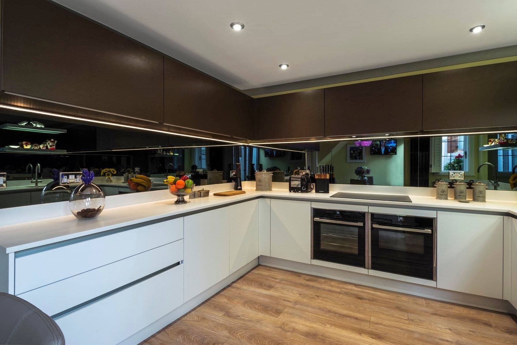 Brown and white kitchen cabinets