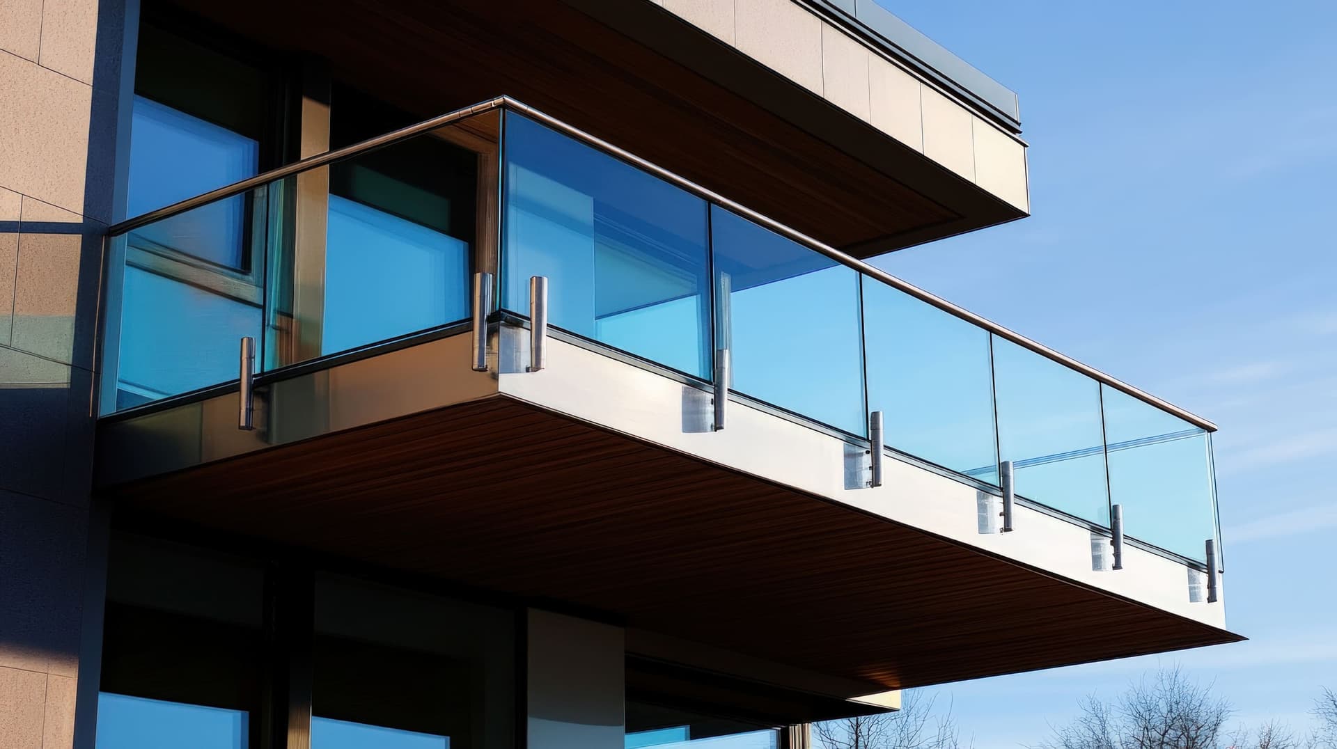 Frameless glass balustrade on a modern balcony against a blue sky